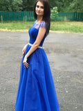 Cap Sleeves Royal Blue Long Prom Dresses Beaded Evening Dresses HZ0509