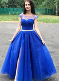 Cap Sleeves Royal Blue Long Prom Dresses Beaded Evening Dresses HZ0509