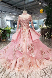 Arrival Pink Prom Dresses Long Sleeves Ball Gown High Neck Quinceanera HZ0509