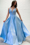 V neck Lace Appliques Long Satin Prom Dresses Blue Evening Party Dresses HZ0509