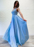 V neck Lace Appliques Long Satin Prom Dresses Blue Evening Party Dresses HZ0509