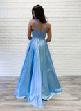 V neck Lace Appliques Long Satin Prom Dresses Blue Evening Party Dresses HZ0509