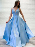 V neck Lace Appliques Long Satin Prom Dresses Blue Evening Party Dresses HZ0509