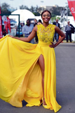 Sexy Elegant A line Yellow Chiffon Cap Sleeves Lace Evening Prom Dresses HZ0509