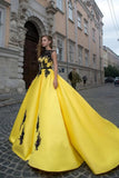 Bateau Yellow Lace Appliques Ball Gown Prom Dresses Quinceanera Formal Dress HZ0509