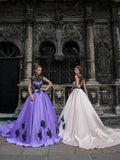Bateau Yellow Lace Appliques Ball Gown Prom Dresses Quinceanera Formal Dress HZ0509