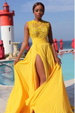 Sexy Elegant A line Yellow Chiffon Cap Sleeves Lace Evening Prom Dresses HZ0509