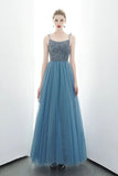Spaghetti Straps Blue Lace Up Back Beading Tulle Long Prom Dresses HZ0509