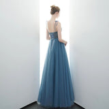 Spaghetti Straps Blue Lace Up Back Beading Tulle Long Prom Dresses HZ0509