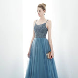 Spaghetti Straps Blue Lace Up Back Beading Tulle Long Prom Dresses HZ0509
