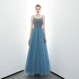 Spaghetti Straps Blue Lace Up Back Beading Tulle Long Prom Dresses HZ0509