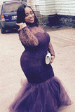 Mermaid High Neck Long Sleeves Lace Floor-Length Tulle Plus Size Prom Dresses HZ0509