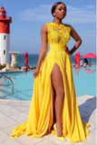 Sexy Elegant A line Yellow Chiffon Cap Sleeves Lace Evening Prom Dresses HZ0509