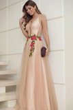 Elegant A Line V Neck Spaghetti Straps Tulle Sleeveless Appliques Long Prom Dresses HZ0509