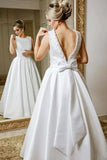 Jewel V Back Floor-Length Satin Wedding Dress with Beading Bowknot HZ0509