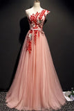 Line Pink One Shoulder Tulle Red Applique Long Prom Dress Evening Dress HZ0509
