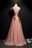 Line Pink One Shoulder Tulle Red Applique Long Prom Dress Evening Dress HZ0509