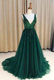 V Neck Green Open Back Tulle Long Prom Dresses With Sequins HZ0509