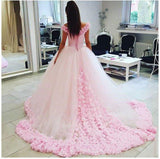 Gown Off shoulder Pink Tulle Flowers Wedding Dresses,Pink Quinceanera Dresses HZ0509