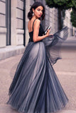V Neck Sleeveless Spaghetti Straps Navy Blue Ball Gown Prom Dress HZ0509