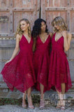 Blue/Pink Deep V-neck Spaghetti Straps Sleeveless Asymmetry Lace A-line Bridesmaid Dress HZ0509