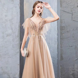 A Line Short Sleeves Tulle Beading Long Prom Dress Evening Dress HZ0509