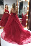 Organza Long Burgundy Prom Gown Backless Party Dresses HZ0509