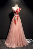 Line Pink One Shoulder Tulle Red Applique Long Prom Dress Evening Dress HZ0509