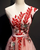Line Pink One Shoulder Tulle Red Applique Long Prom Dress Evening Dress HZ0509