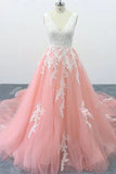 V Neck Pink Tulle Lace Appliques Cathedral Train Formal Prom Dress HZ0509