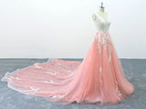 V Neck Pink Tulle Lace Appliques Cathedral Train Formal Prom Dress HZ0509
