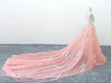 V Neck Pink Tulle Lace Appliques Cathedral Train Formal Prom Dress HZ0509
