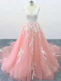 V Neck Pink Tulle Lace Appliques Cathedral Train Formal Prom Dress HZ0509