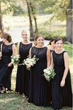 Round Neck Floor-Length Navy Blue Chiffon Bridesmaid Dress HZ0509