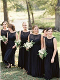 Round Neck Floor-Length Navy Blue Chiffon Bridesmaid Dress HZ0509