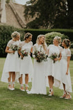 Short Sleeves Hi-Low Off White Satin Bridesmaid Dress with Lace HZ0509