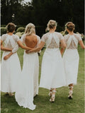 Short Sleeves Hi-Low Off White Satin Bridesmaid Dress with Lace HZ0509
