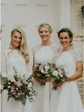 Short Sleeves Hi-Low Off White Satin Bridesmaid Dress with Lace HZ0509