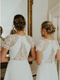 Short Sleeves Hi-Low Off White Satin Bridesmaid Dress with Lace HZ0509