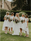 Short Sleeves Hi-Low Off White Satin Bridesmaid Dress with Lace HZ0509