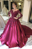 Sleeves Lace Appliques Burgundy Court Train Ball Gown Prom Dresses HZ0509