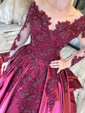 Sleeves Lace Appliques Burgundy Court Train Ball Gown Prom Dresses HZ0509