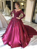 Sleeves Lace Appliques Burgundy Court Train Ball Gown Prom Dresses HZ0509