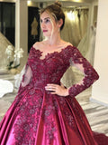 Sleeves Lace Appliques Burgundy Court Train Ball Gown Prom Dresses HZ0509
