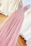 Beaded Bodice V-neck Neckline Chiffon Pink Prom Dress Formal Dresses HZ0509