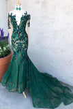 Dark Green Prom Dresses With Long Sleeves Illusion Neck Party Dresses HZ0509