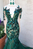 Dark Green Prom Dresses With Long Sleeves Illusion Neck Party Dresses HZ0509