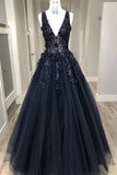 V Neck Appliqued Prom Dresses See Through Floor Length Formal Dresses HZ0509