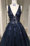 V Neck Appliqued Prom Dresses See Through Floor Length Formal Dresses HZ0509