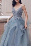 V Neck Appliqued Spaghetti Straps Multi-Layered Organza Blue Bridal Dresses HZ0509